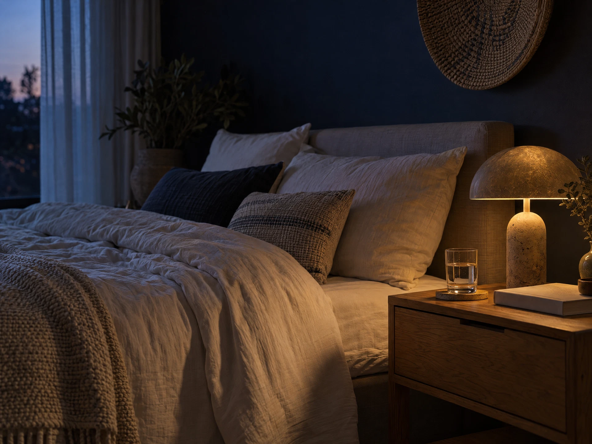 A calm evening bedside setting with a warm lamp, a glass of water and linen bedding